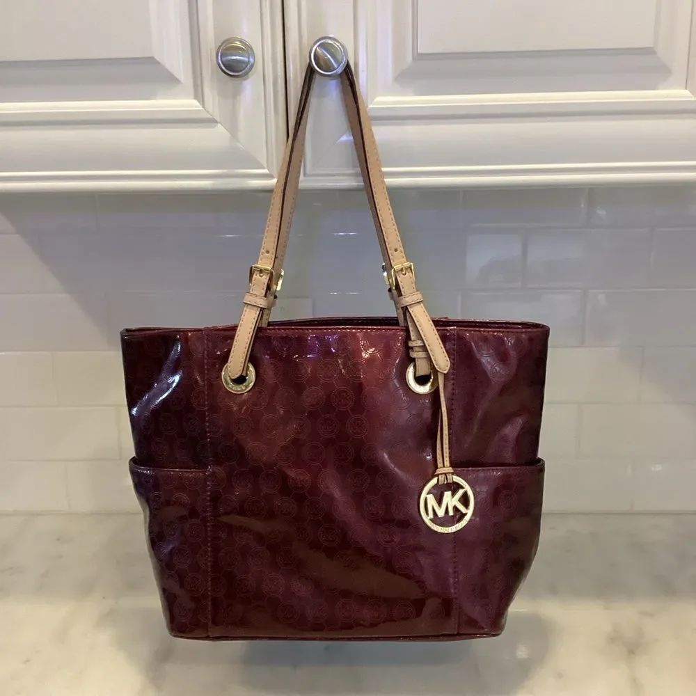 Michael Kors Bag Purse Handbag Leather Embossed Signature Patent EW Jet Set Tote